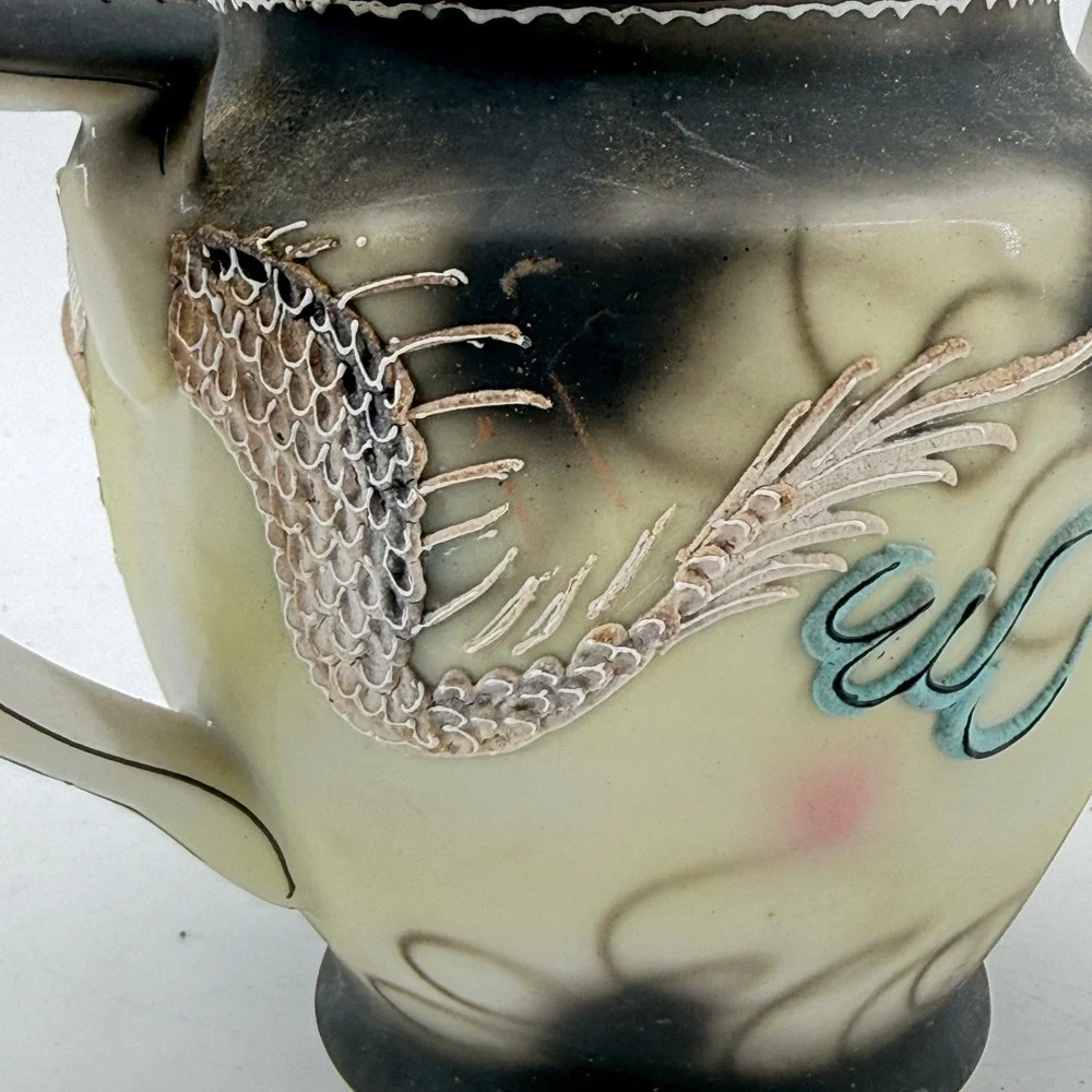Moriage Dragon Teapot Raised Texture Decor Japan VTG Porcelain Large Black Cream